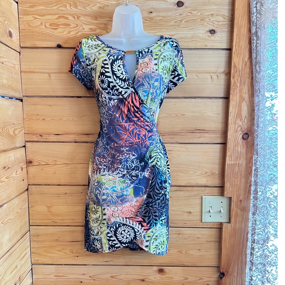 Moci by Purple Rain USA Vintage Y2K Paisley Faux Wrap Mini Dress Small Dopamine